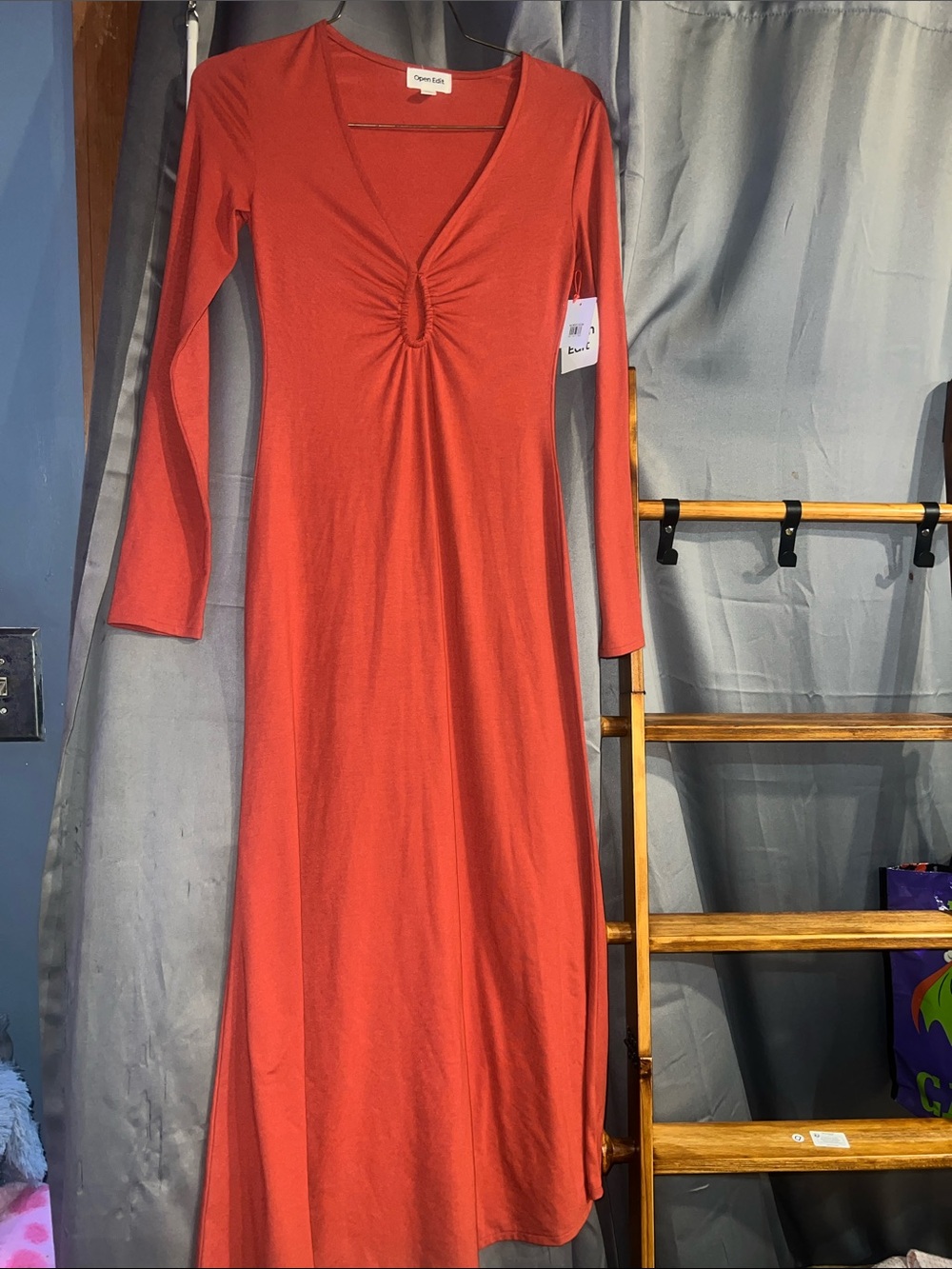 Rust Red Long Sleeve Twist-Front Maxi Dress open edit brand size XS NWT